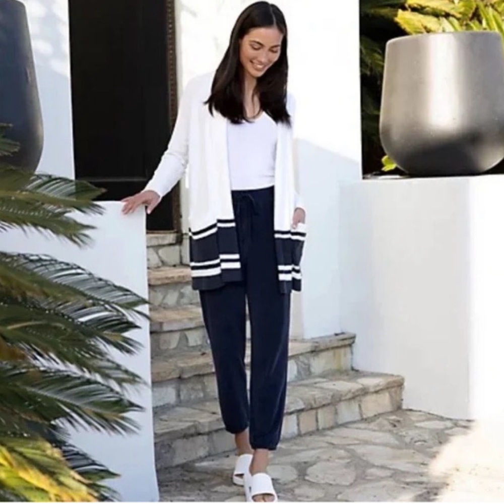 Barefoot Dreams Cozy Chic Lite Striped Cardigan Sweater in Sea Salt/Indigo